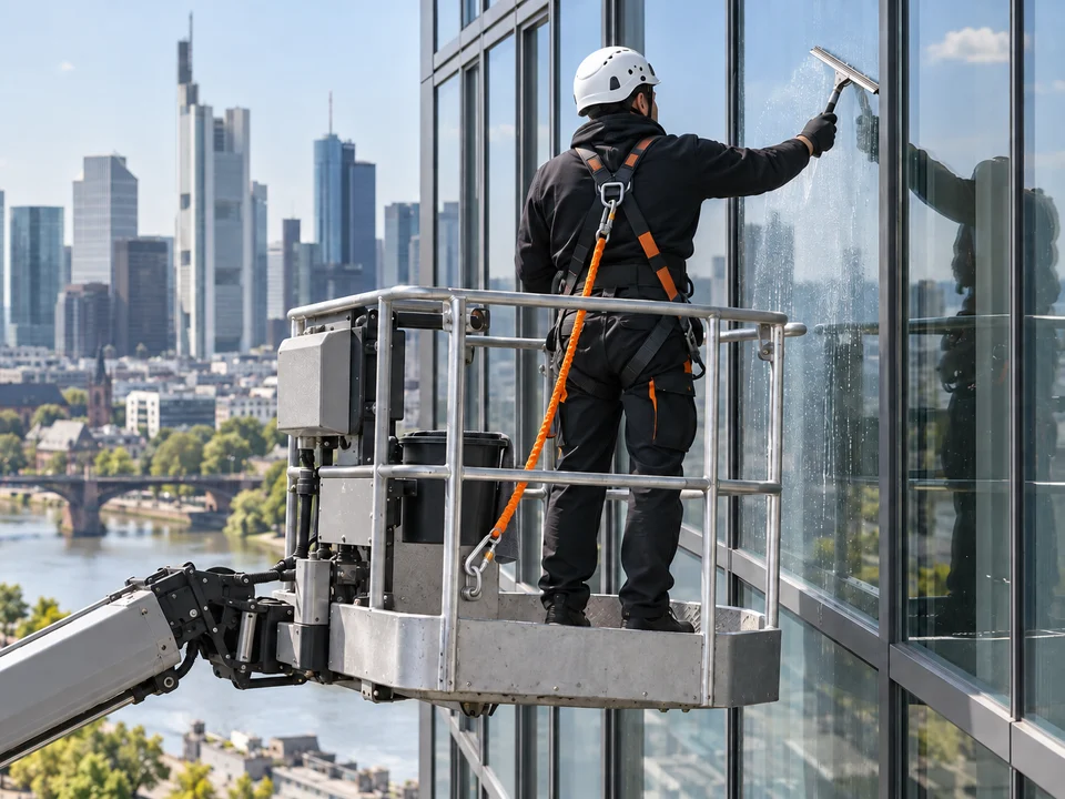 Mitarbeiter mit Helm und Auffanggurt reinigt aus dem Korb einer Hubarbeitsbühne eine Glasfassade über dem Main