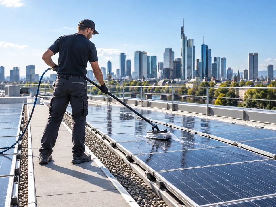 Mitarbeiter reinigt Solarmodule mit Bürste vom Laufweg eines Flachdachs, dahinter die Frankfurter Skyline