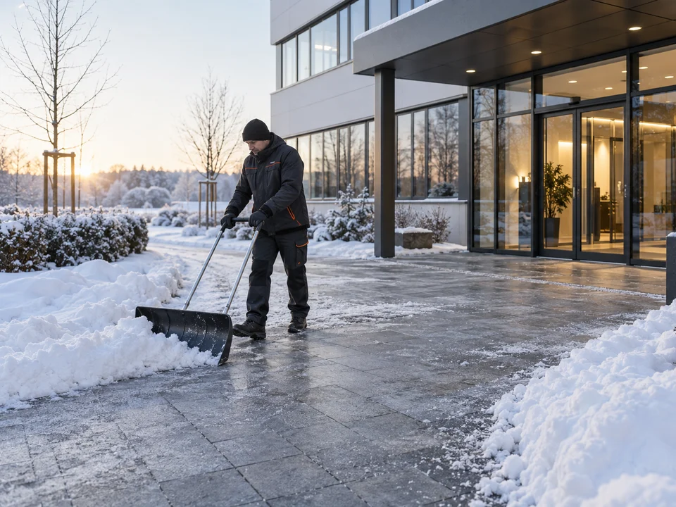 Mitarbeiter räumt im Winter mit dem Schneeschieber den Weg vor dem Eingang eines Bürogebäudes