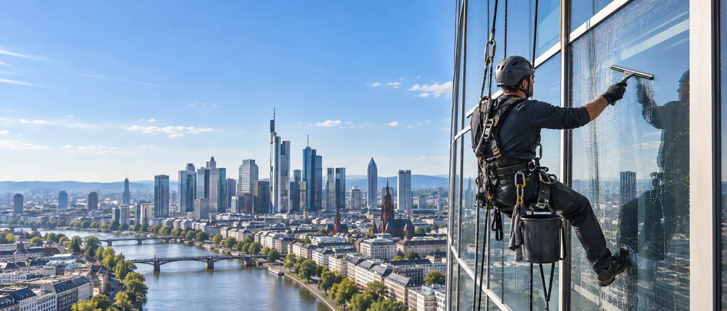 Industriekletterer am Seil reinigt die Glasfassade eines Hochhauses, dahinter die Frankfurter Skyline