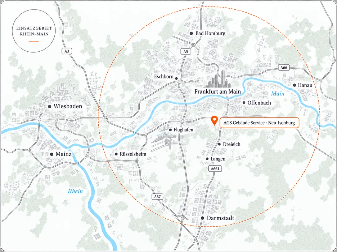 Illustrierte Karte des Rhein-Main-Gebiets mit AGS Gebäude Service in Neu-Isenburg und Orten im Umkreis wie Frankfurt, Offenbach, Darmstadt, Wiesbaden, Mainz und Hanau