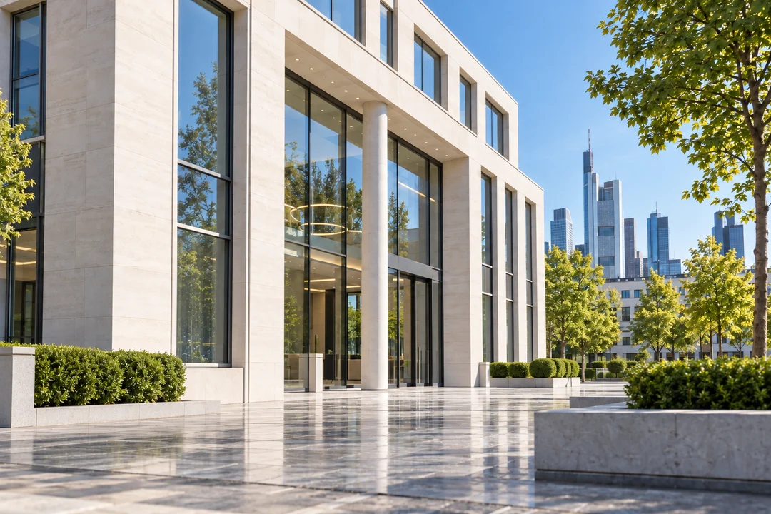 Bankgebäude mit heller Natursteinfassade, hohen Glasflächen und gepflegtem Vorplatz