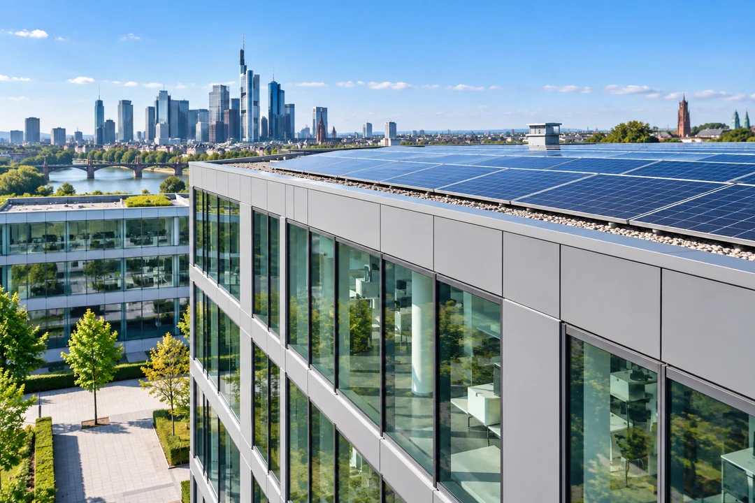 Bürogebäude mit Photovoltaikanlage auf dem Flachdach, im Hintergrund die Frankfurter Skyline